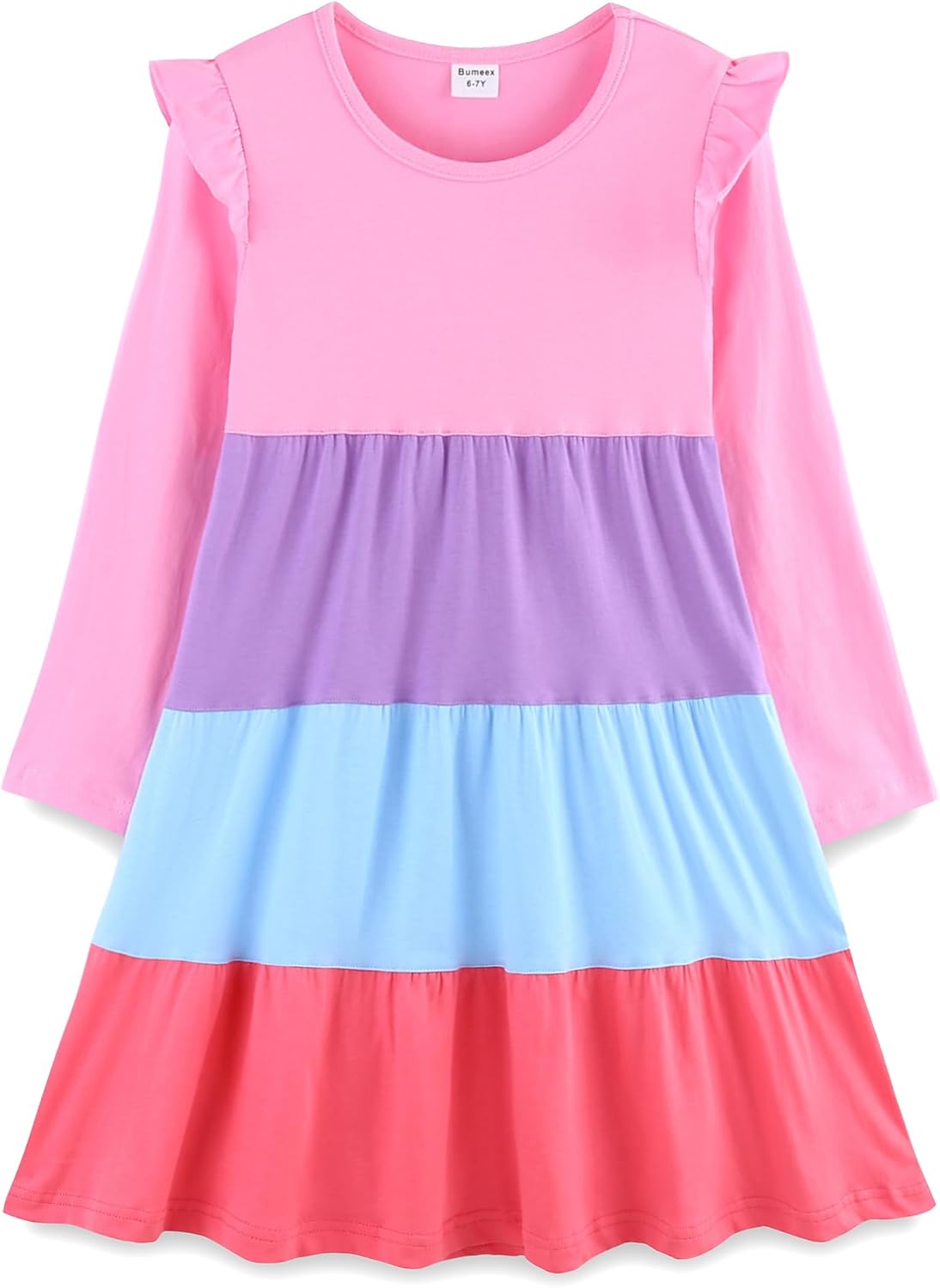 Bumeex Girl's Dresses Cotton Ruffle Sleeve Tiered Swing A-Line Cute Midi Casual Sundress #Pink