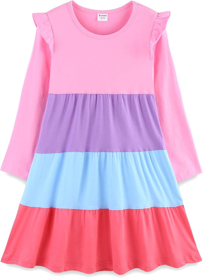 Girls Cotton Dress - Ruffle Sleeve Tiered A-Line Midi Sundress