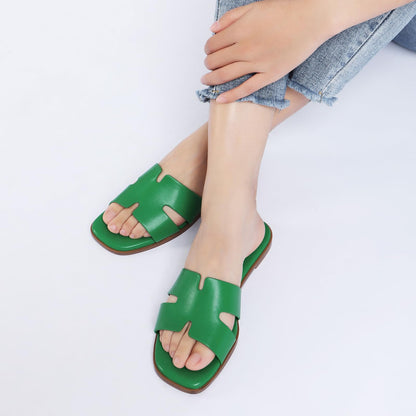 Women's Dressy Flat Sandals - Comfortable Slip On Leather Slide Sandals