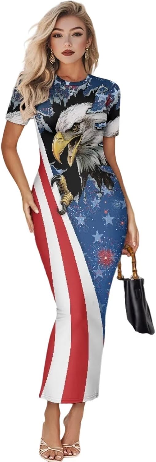 Women's Jamaican Flag Bodycon Midi Dress Short Sleeve