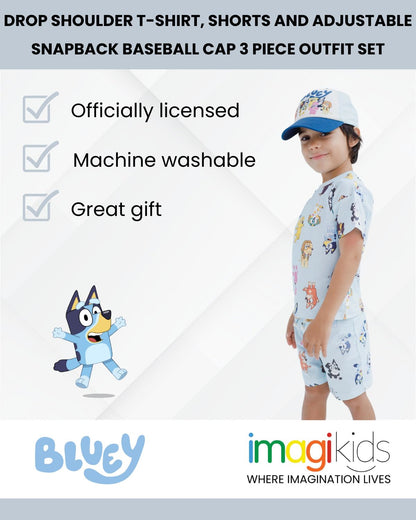 Bluey 3-Piece Kids Outfit Set - T-Shirt, Shorts & Baseball Cap for Toddlers to Big Kids