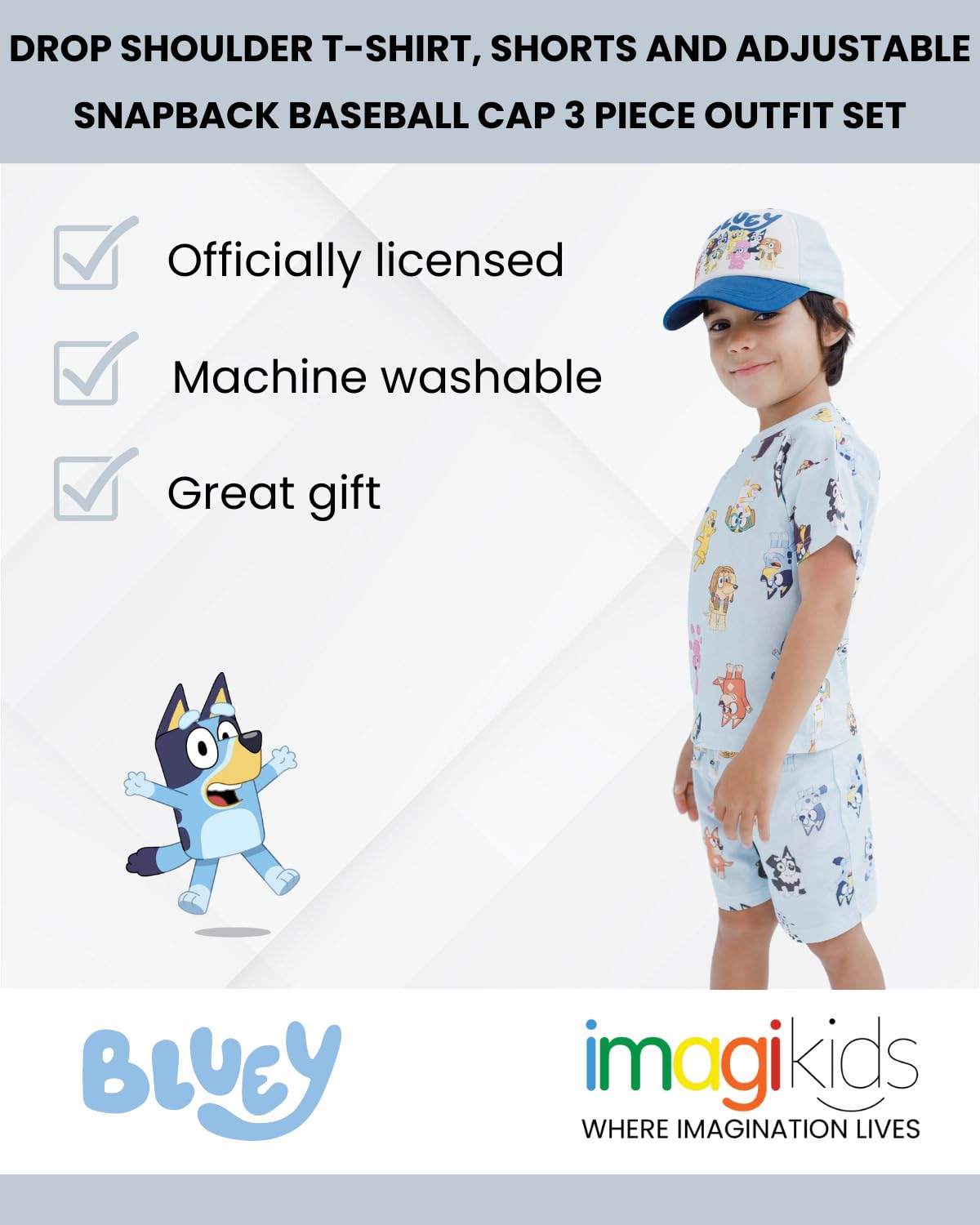 Bluey 3-Piece Kids Outfit Set - T-Shirt, Shorts & Baseball Cap for Toddlers to Big Kids