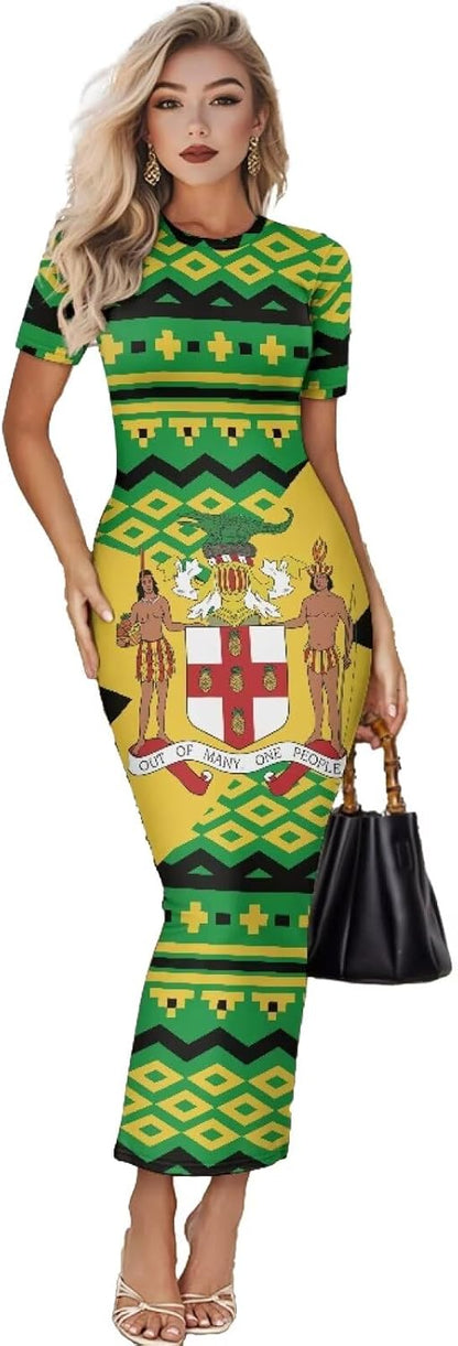 Women's Jamaican Flag Bodycon Midi Dress Short Sleeve Jamaican Flag Design