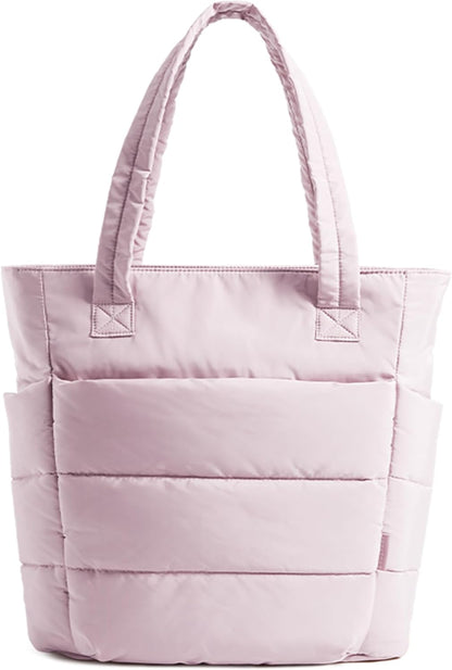 Women's Quilted Tote Bag Lightweight Puffy Shoulder Bag with Compartments E-light Pink-slim Size Slim Size