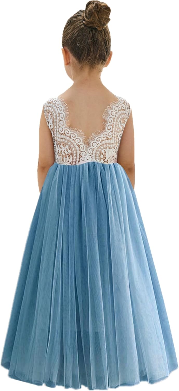 Girls Tulle Flower Girl Dress - Lace Back A-Line Party Dress