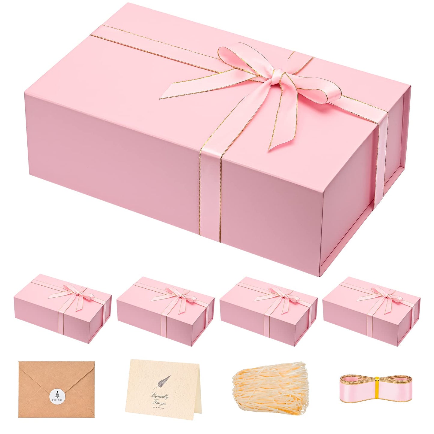 Gift Boxes with Lids 2 Pack - Magnetic Closure with Ribbon, Card, Filler & Sticker 1 Count (Pack of 5) Pink