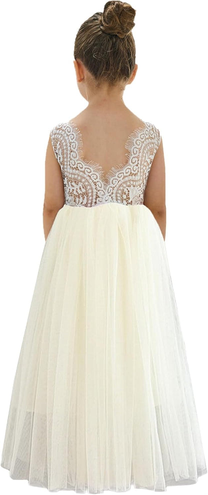 Girls Tulle Flower Girl Dress - Lace Back A-Line Party Dress
