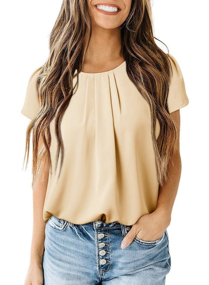 Polyester Blouses - Women's Chiffon Blouse Short Sleeve Pleated Top with Keyhole Back Detail