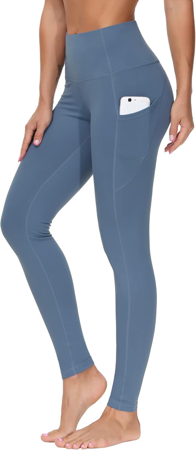 Women's High Waisted Yoga Leggings with Pockets - Thick Tummy Control Workout Pants Grey Blue