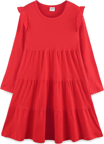 Bumeex Girl's Dresses Cotton Ruffle Sleeve Tiered Swing A-Line Cute Midi Casual Sundress #Red