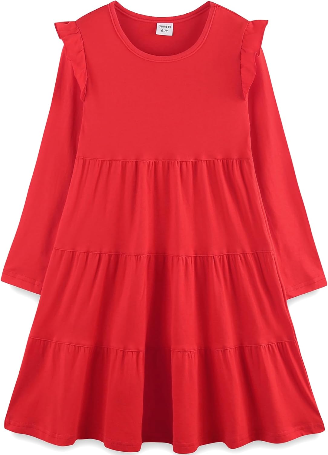 Bumeex Girl's Dresses Cotton Ruffle Sleeve Tiered Swing A-Line Cute Midi Casual Sundress #Red