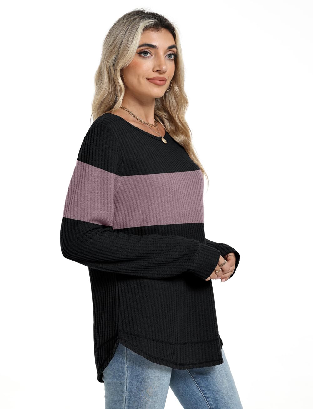 Women's Tunic Tops - Loose Fit Waffle Knit Long Sleeve Crewneck Sweaters