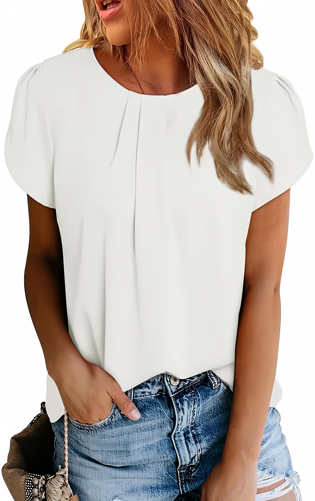 Polyester Blouses - Women's Chiffon Blouse Short Sleeve Pleated Top with Keyhole Back Detail