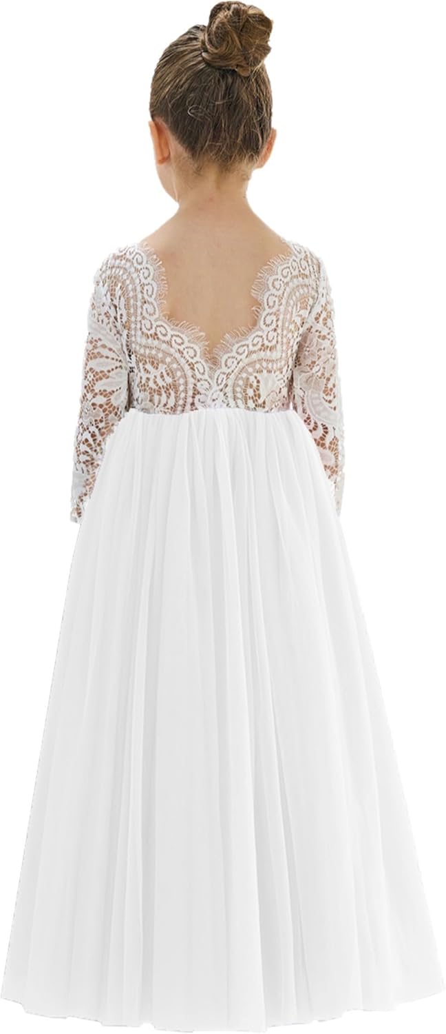 2Bunnies Girl Peony Lace Back A-Line Straight Tutu Tulle Party Flower Girl Dress 12 Years #1 White Sleeve Maxi