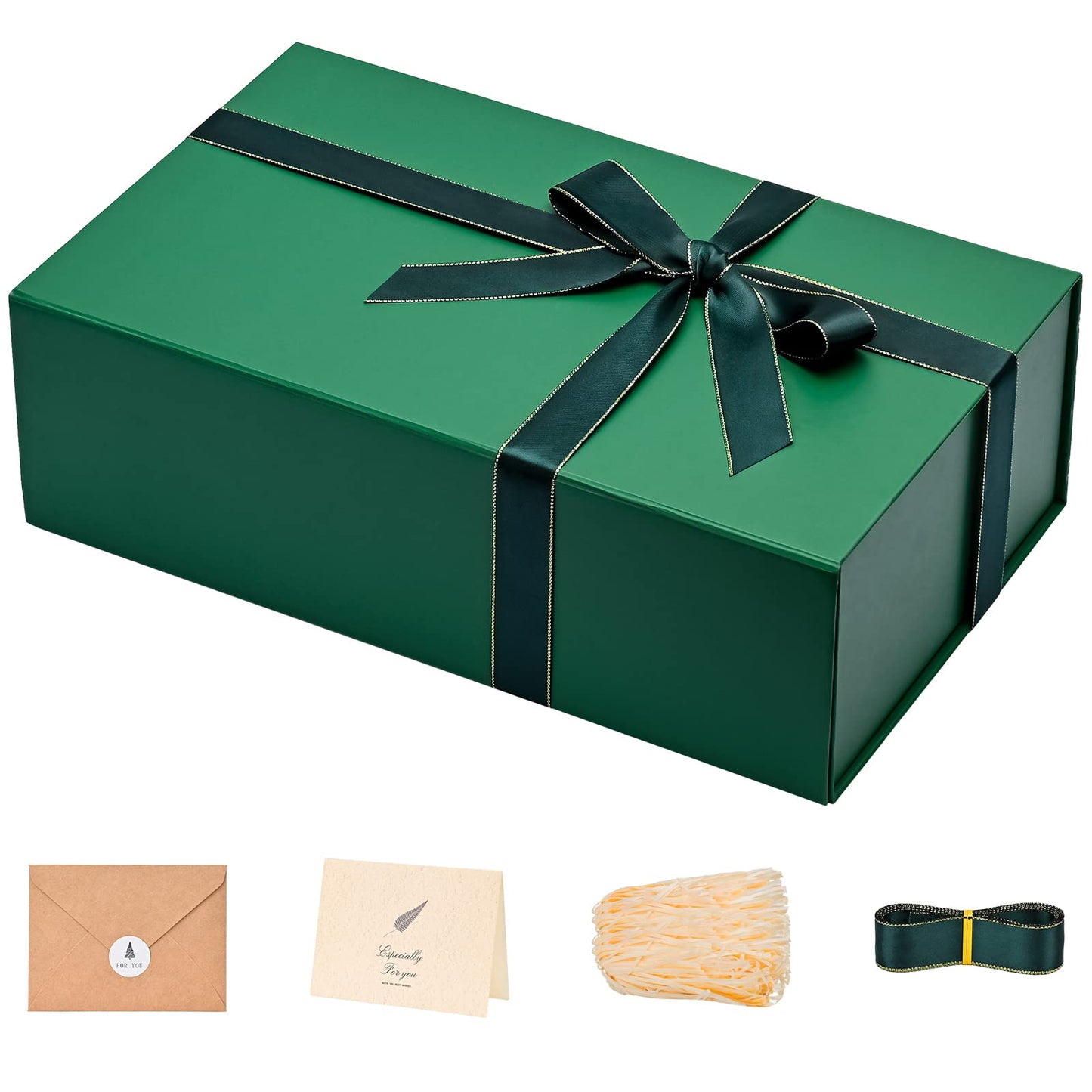 Gift Boxes with Lids 2 Pack - Magnetic Closure with Ribbon, Card, Filler & Sticker 1 Count (Pack of 1) Dark Green
