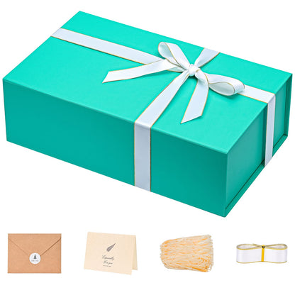 Gift Boxes with Lids 2 Pack - Magnetic Closure with Ribbon, Card, Filler & Sticker 1 Count (Pack of 1) Green Blue