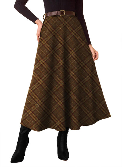 Women's Plaid Skirts - High Waist A-Line Midi Tartan Skirt with Pockets Brown