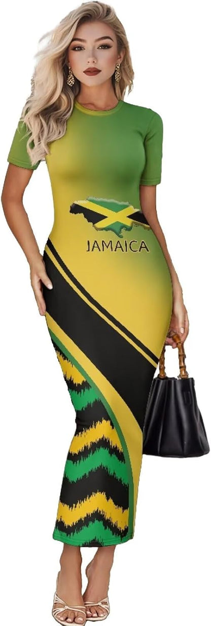 Women's Jamaican Flag Bodycon Midi Dress Short Sleeve Large Green Jamaica Flag