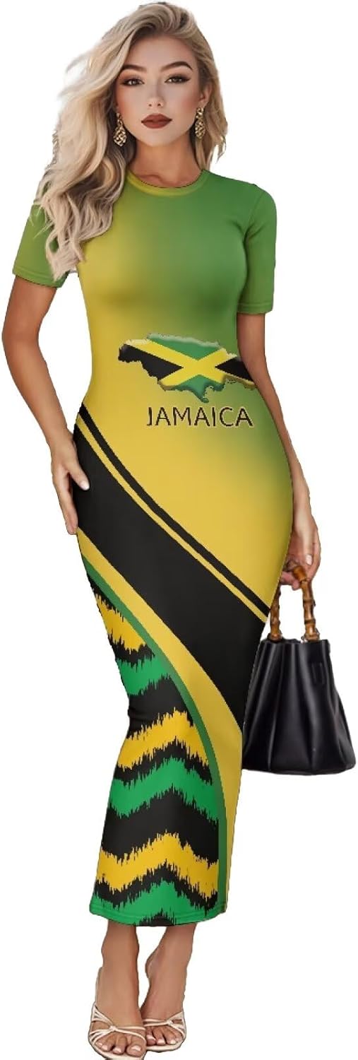 Women's Jamaican Flag Bodycon Midi Dress Short Sleeve Large Green Jamaica Flag