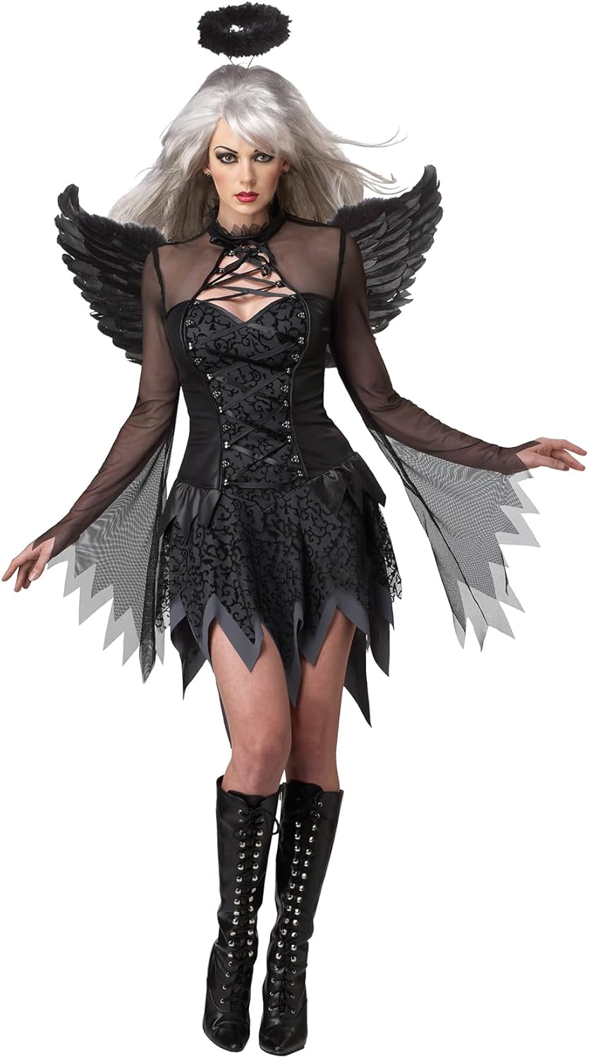 Fallen Angel Costume - Women's Gothic Angel Dress with Wings and Halo Black