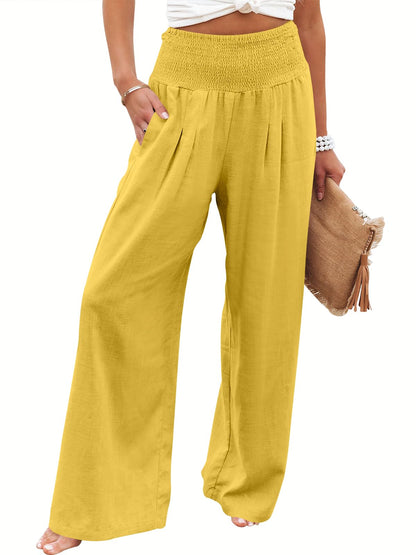 Linen Palazzo Pants Women Wide Leg High Waist Summer Boho Casual Lounge Pants Yellow
