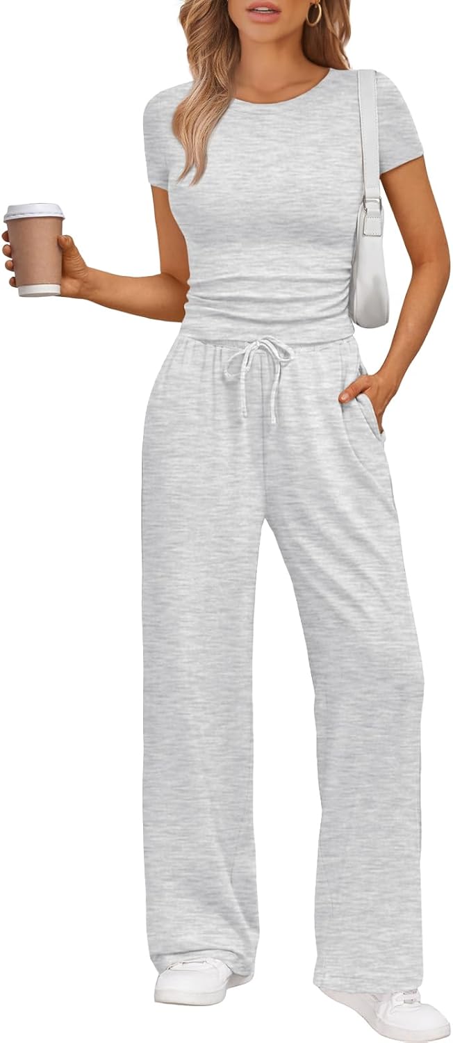 Women's 2 Piece Matching Sweatsuit Wide Leg Pants Crop Top Set Oatmeal Grey