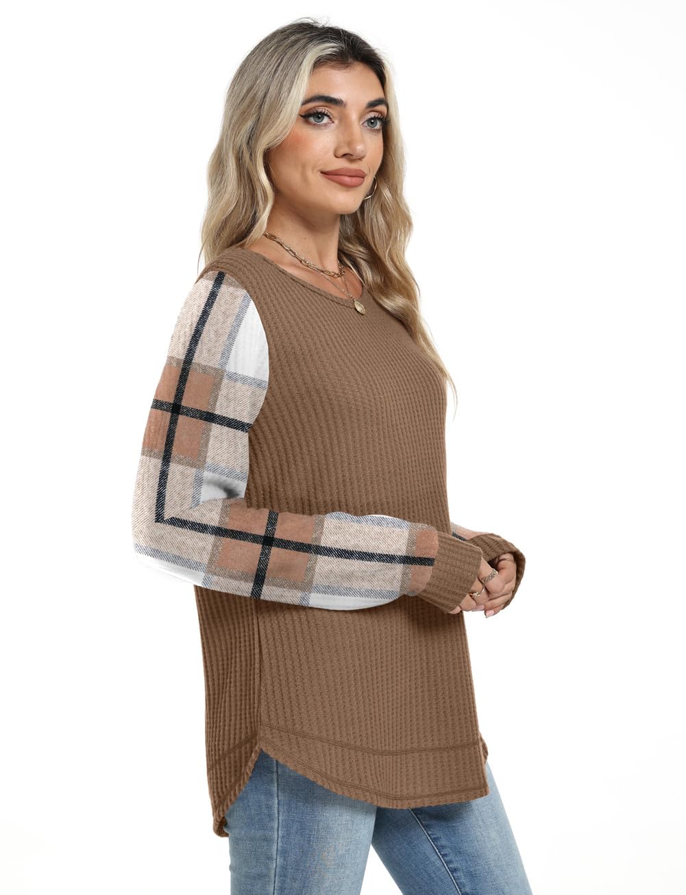 Women's Tunic Tops - Loose Fit Waffle Knit Long Sleeve Crewneck Sweaters
