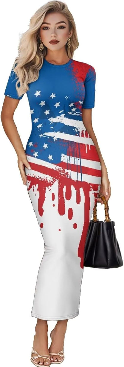 Women's Jamaican Flag Bodycon Midi Dress Short Sleeve
