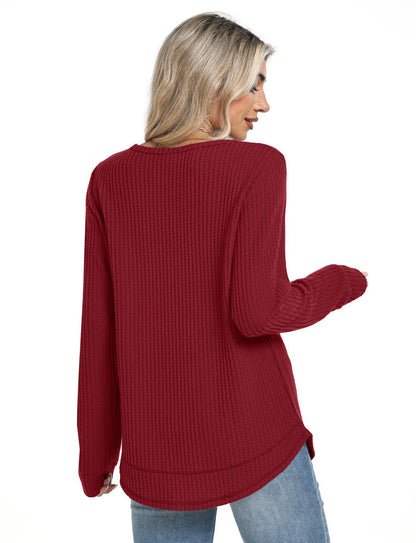 Women's Tunic Tops - Loose Fit Waffle Knit Long Sleeve Crewneck Sweaters