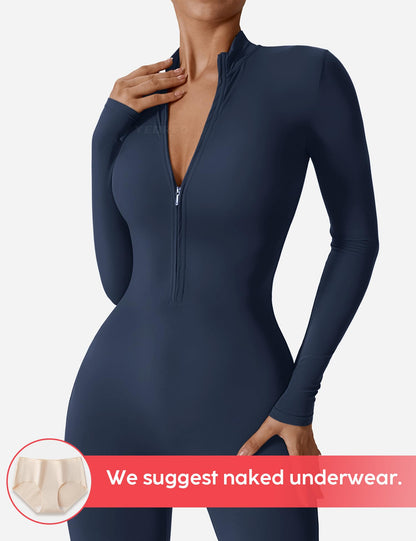 Women's Long Sleeve Workout Jumpsuit - Zip Up Bodycon Romper One Piece