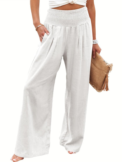 Linen Palazzo Pants Women Wide Leg High Waist Summer Boho Casual Lounge Pants White