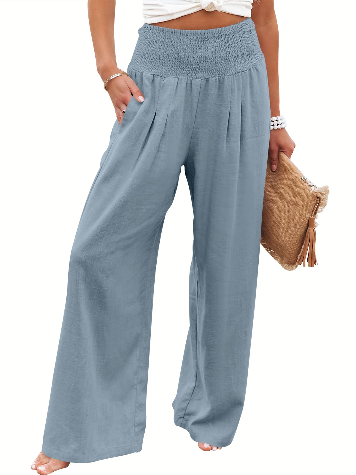Linen Palazzo Pants Women Wide Leg High Waist Summer Boho Casual Lounge Pants Blue