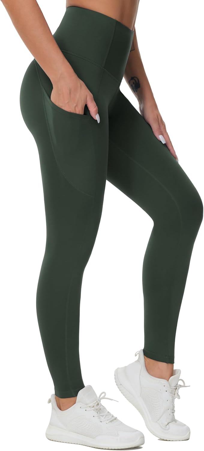 Women's High Waisted Yoga Leggings with Pockets - Thick Tummy Control Workout Pants Deep Green