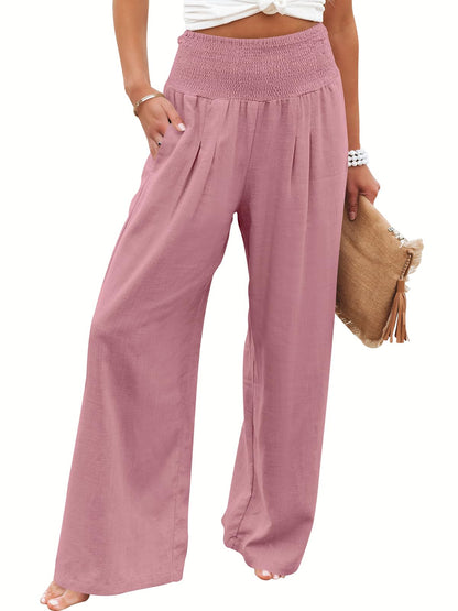 Linen Palazzo Pants Women Wide Leg High Waist Summer Boho Casual Lounge Pants Pink