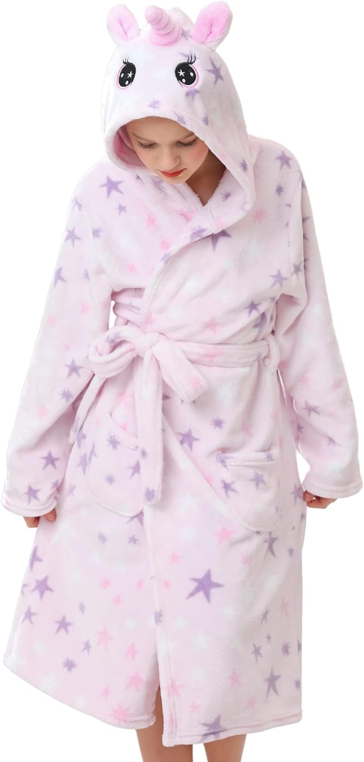 Girls Hooded Fleece Bathrobe - Soft Plush Warm Robe for Kids 3-14 Years