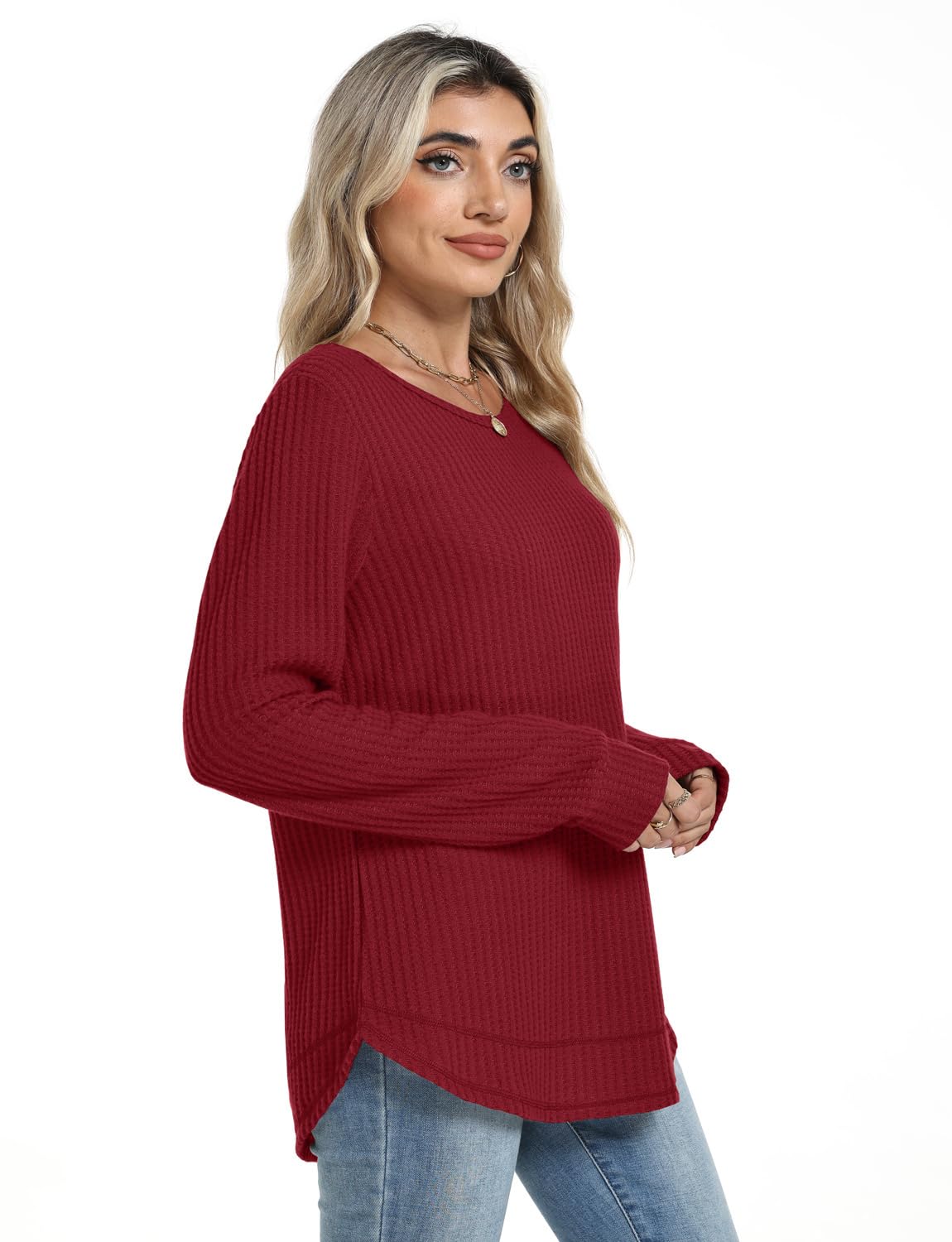 Women's Tunic Tops - Loose Fit Waffle Knit Long Sleeve Crewneck Sweaters