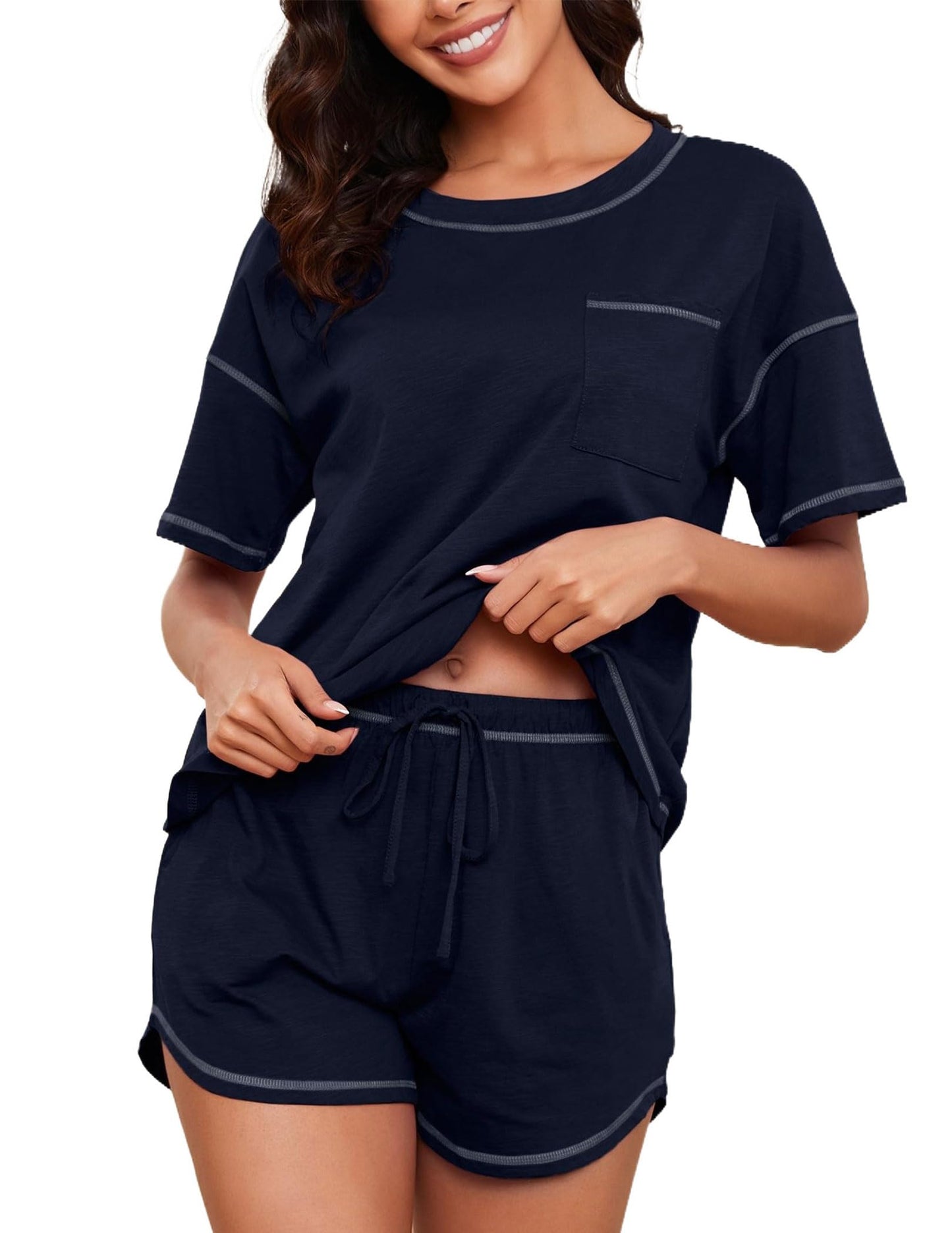 Women's Cotton Pajama Set - Short Sleeve Top and Shorts Sleepwear Lounge Set Navy Blue