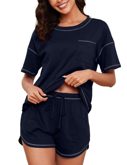 Women's Cotton Pajama Set - Short Sleeve Top and Shorts Sleepwear Lounge Set