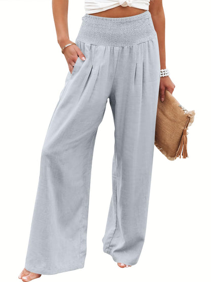 Linen Palazzo Pants Women Wide Leg High Waist Summer Boho Casual Lounge Pants Light Blue