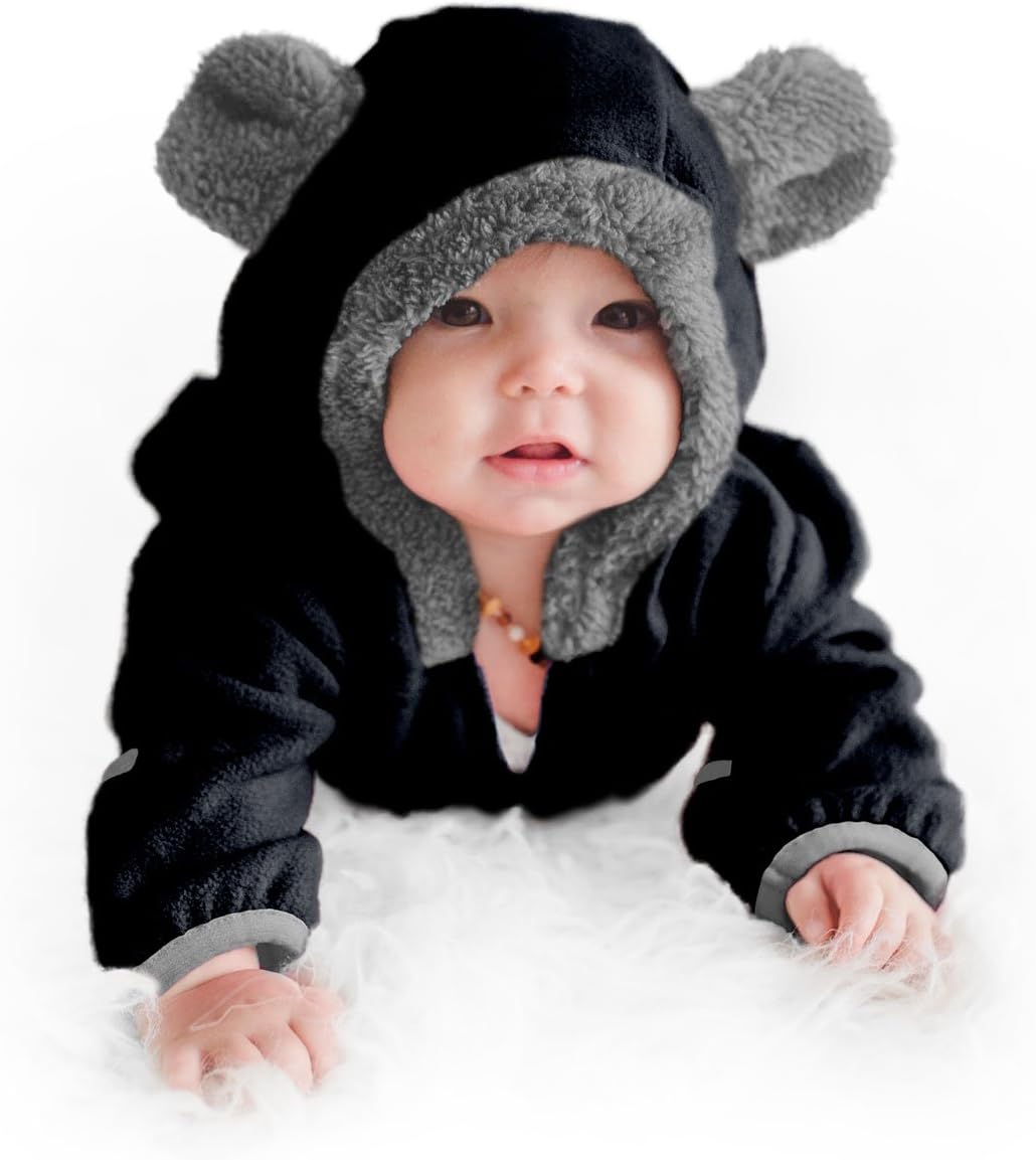 Fleece Baby Bunting with Hood - Convertible Mittens & Booties for Newborn & Infant Bear - Black
