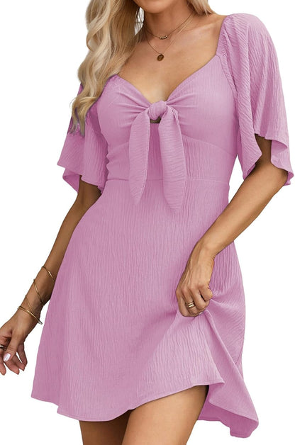Women's Deep V-Neck Mini Dress with Bow Tie - Elegant Summer Fall Outfit Light Pink
