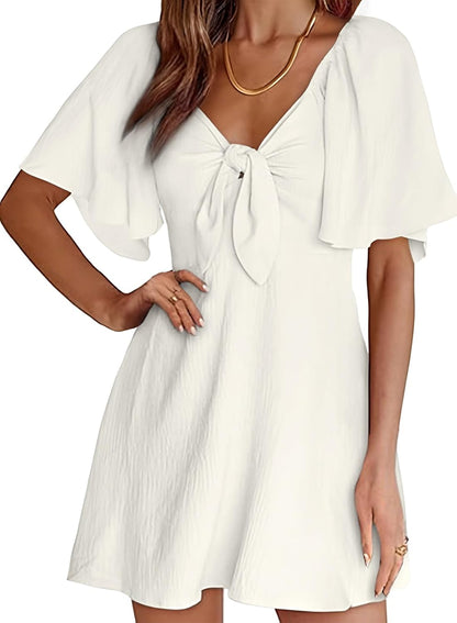 Women's Deep V-Neck Mini Dress with Bow Tie - Elegant Summer Fall Outfit A White