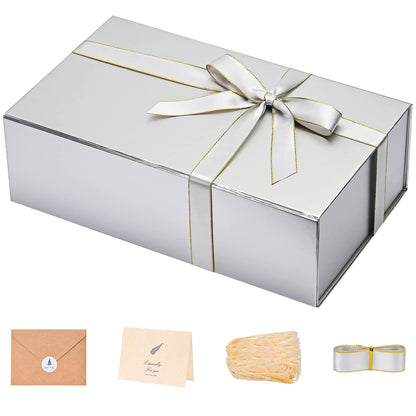 Gift Boxes with Lids 2 Pack - Magnetic Closure with Ribbon, Card, Filler & Sticker 1 Count (Pack of 1) Silver