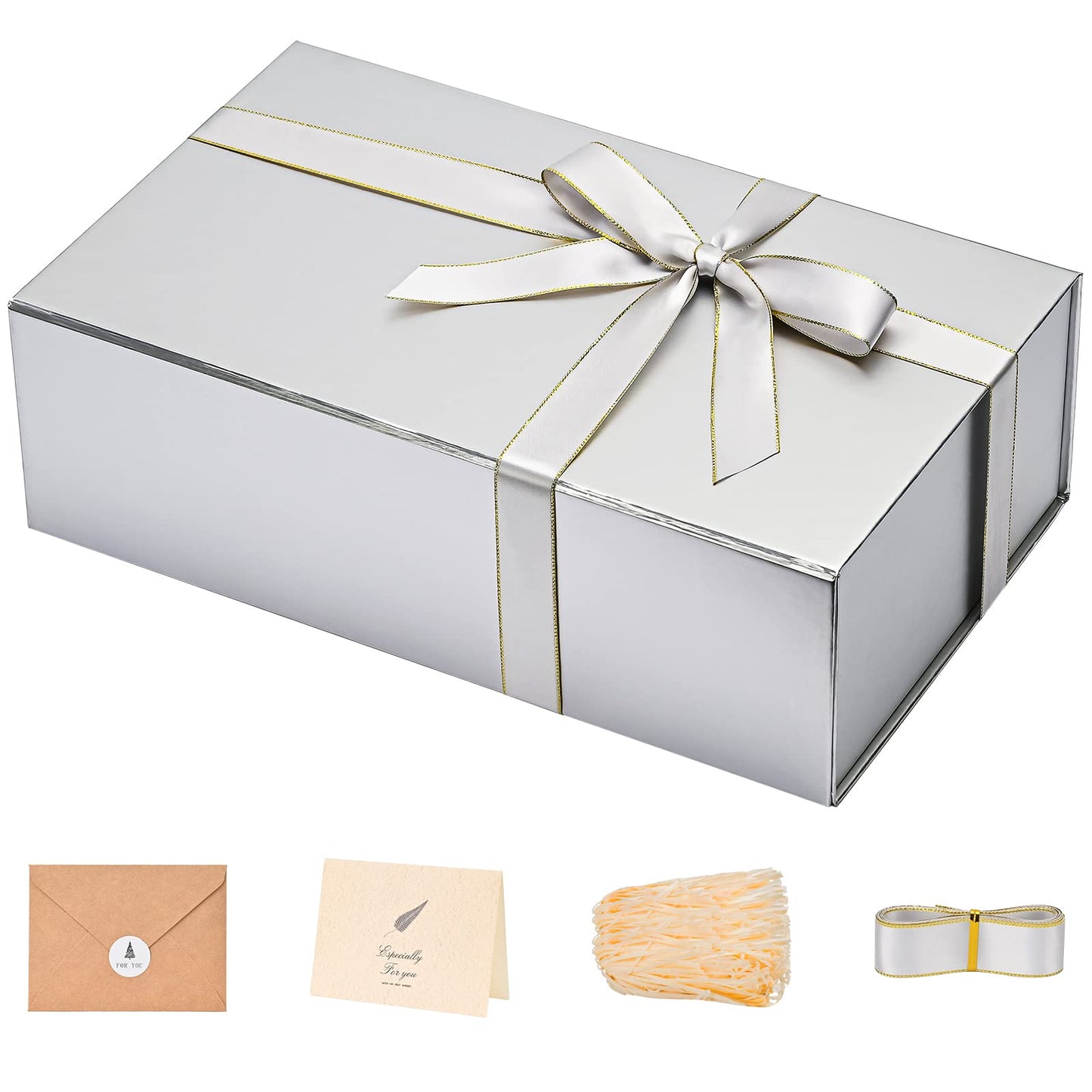 Gift Boxes with Lids 2 Pack - Magnetic Closure with Ribbon, Card, Filler & Sticker 1 Count (Pack of 1) Silver