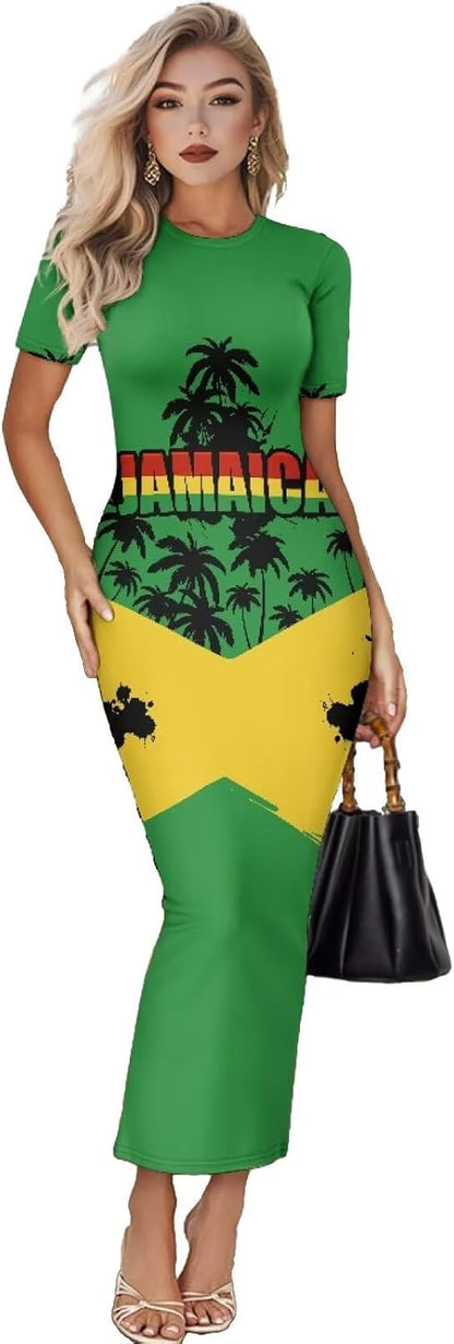 Women's Jamaican Flag Bodycon Midi Dress Short Sleeve Medium Jamaican Flag Hearts
