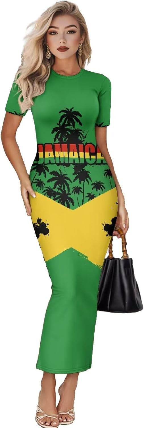 Women's Jamaican Flag Bodycon Midi Dress Short Sleeve Medium Jamaican Flag Hearts