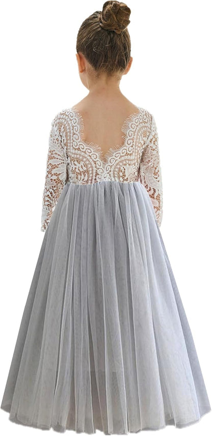 Girls Tulle Flower Girl Dress - Lace Back A-Line Party Dress