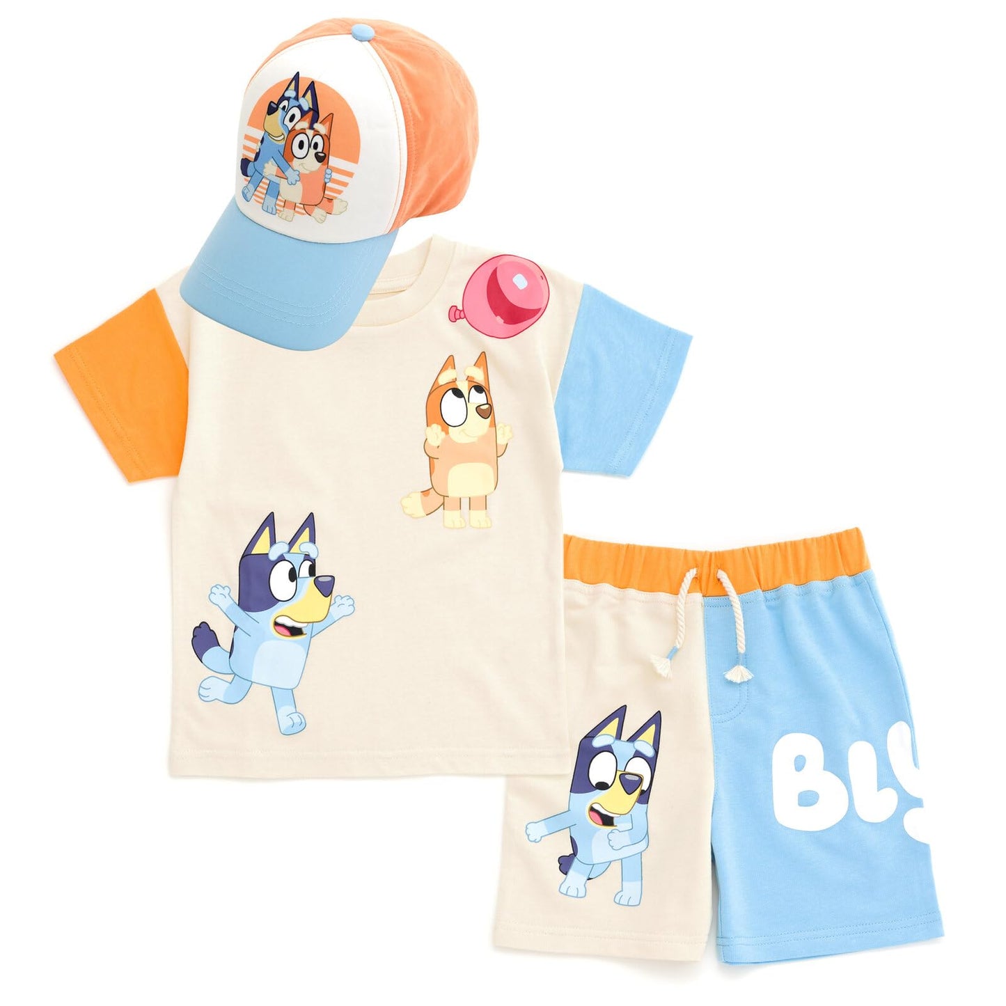Bluey 3-Piece Kids Outfit Set - T-Shirt, Shorts & Baseball Cap for Toddlers to Big Kids Bluey & Bingo