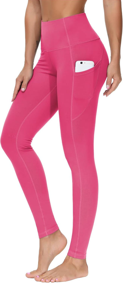 Women's High Waisted Yoga Leggings with Pockets - Thick Tummy Control Workout Pants Bright Pink