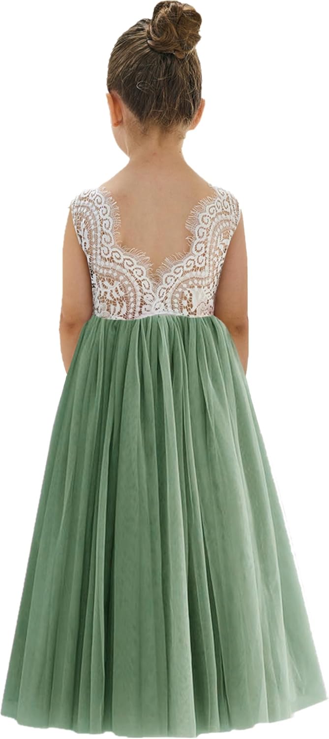 Girls Tulle Flower Girl Dress - Lace Back A-Line Party Dress